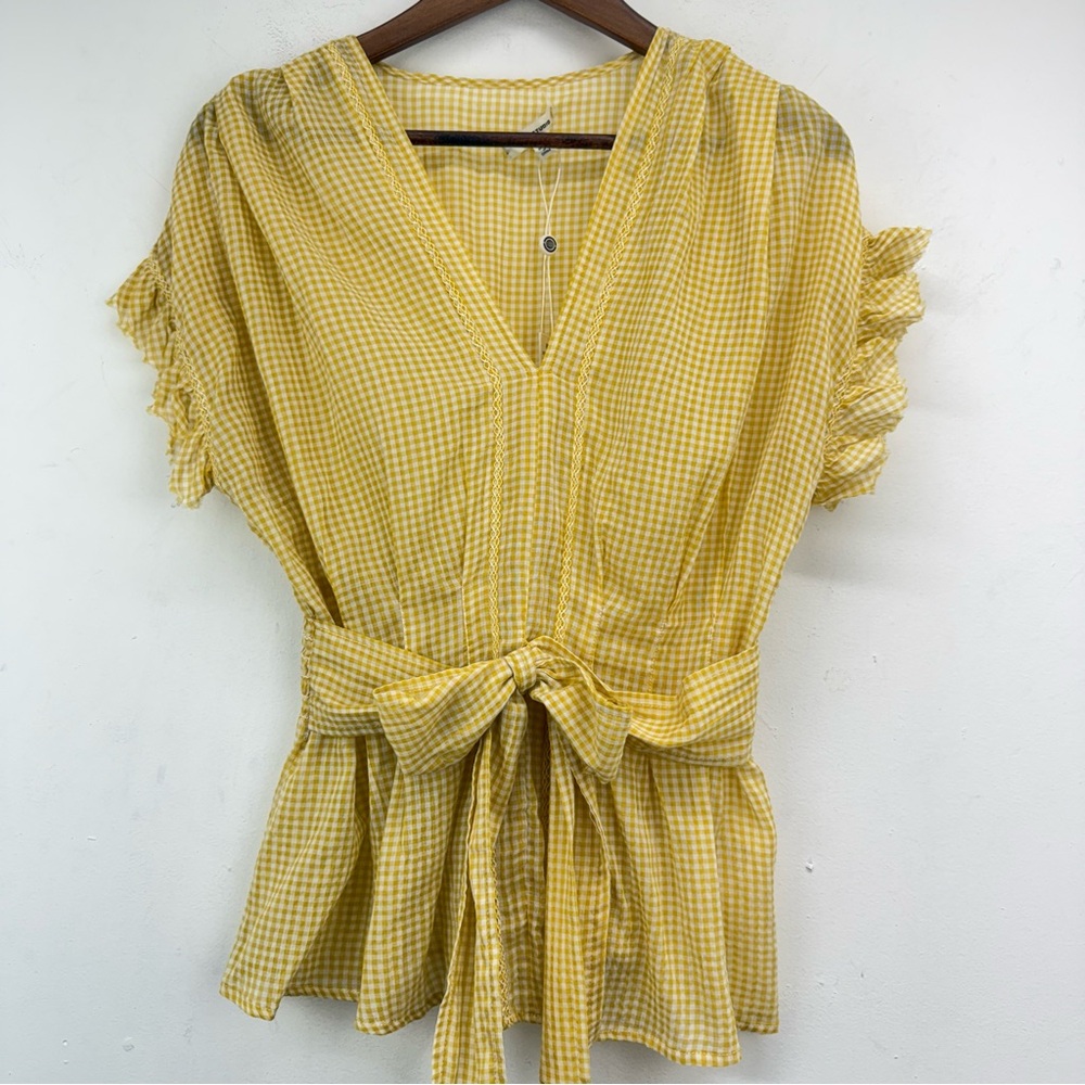 Max Studio size Large Women’s Yellow White Gingham V-neck Tie Waist Blouse NWT